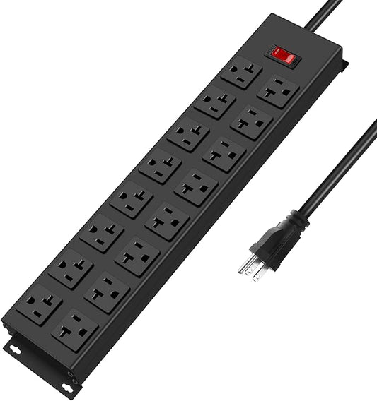 JUNNUJ Heavy Duty 20 Amp Power Strip with Surge Protection 3000J, Garage 16 Outlets Metal 12 Gauge, Desk Strips Wide Spaced, High Amp 5-15P Adapter Shop 6-20R T-Slot Industrial Outlets (16AC, 6FT)