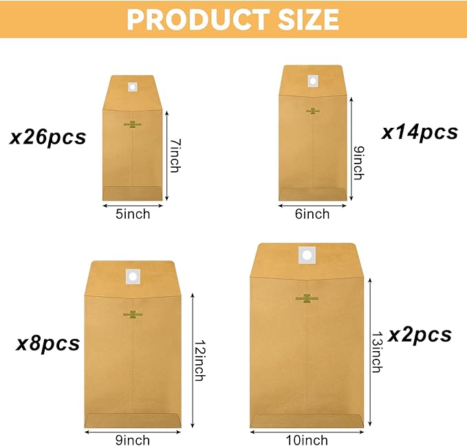 Frienda 4 Sizes Clasp Envelopes Kraft Paper Catalog Clasp Envelope with Closure for Filing, Storing or Mailing Documents, 50 Pieces(5 x 7 In, 6 x 9 In, 9 x 12 In, 10 x 13 In,Brown)