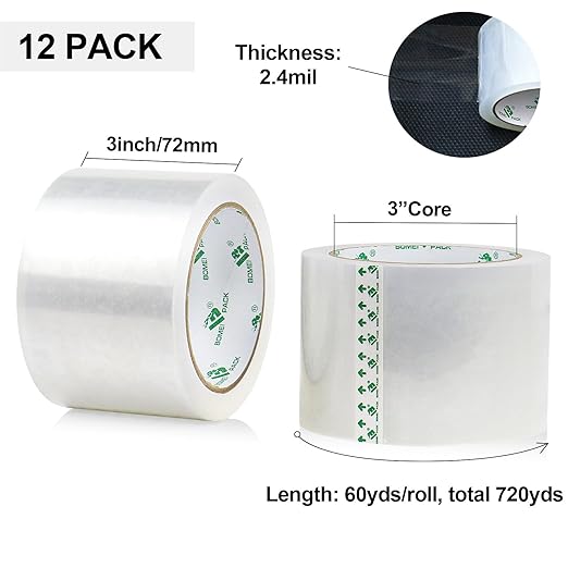 BOMEI PACK 3 inch Wide Heavy Duty Packing Tape, 2.4 Mil 3.0 Inch x 60 Yards, 12 Refills Rolls Clear Box Tape for Moving, Shipping, Mailing and Packaging