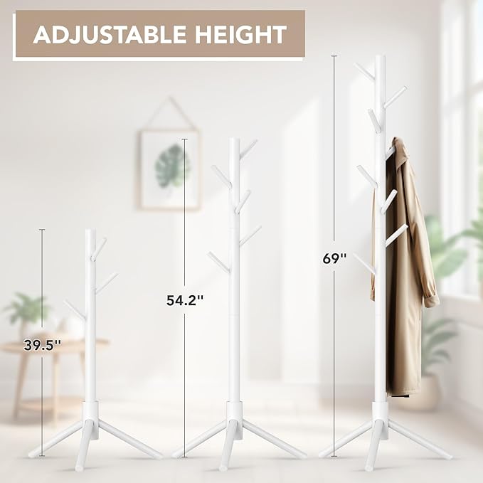 Wooden Tree Coat Rack Stand,Sturdy Freestanding Coat Rack with 8 Hooks,3 Adjustable Height for Child Adult,Wood Coat Stand Tree Fits Entryway Bedroom Office for Bags,Hats