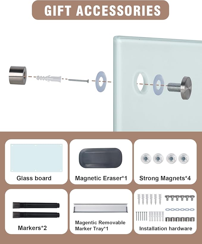 Magnetic Glass Whiteboard，96"x48" Wall Mounted Frameless Dry Erase Board for Office, Home & School White