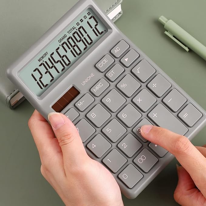 UNIONE Desktop Beige Calculator with a Bright LCD, Dual Power Handheld Desktop. Color. Business, Office, High School, 4×6 inch