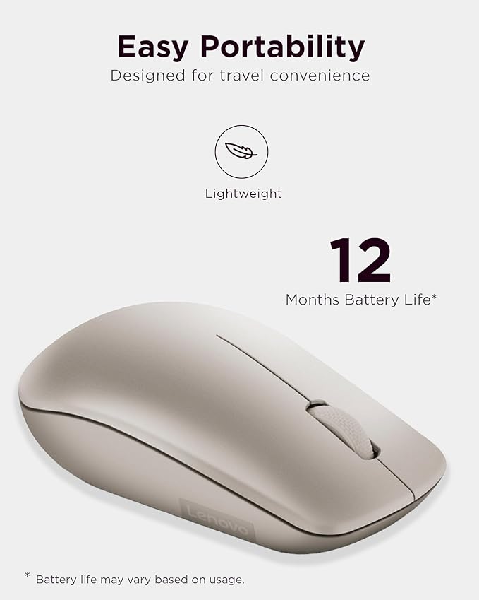 Lenovo 530 Wireless Mouse with Battery, 2.4GHz Nano USB, 1200 DPI Optical Sensor, Ergonomic for Left or Right Hand, Lightweight, GY50Z18988, Almond
