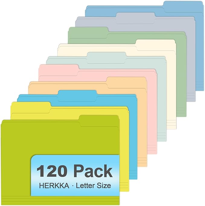File Folder, HERKKA 120 Pack 1/3 Cut Tab File Folders, Letter Size, Assorted 10 Colors, Colored File Folders Great for Organizing and Filing