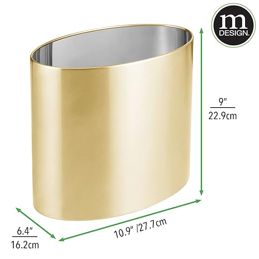 mDesign Stainless Steel Metal Oval Trash Can, 7.9 Liter/2.09 Gallon Wastebasket, Garbage Basket Bin for Bathroom, Bedroom, Kitchen, Home Office, Holds Waste and Recycle, Mirri Collection, Soft Brass