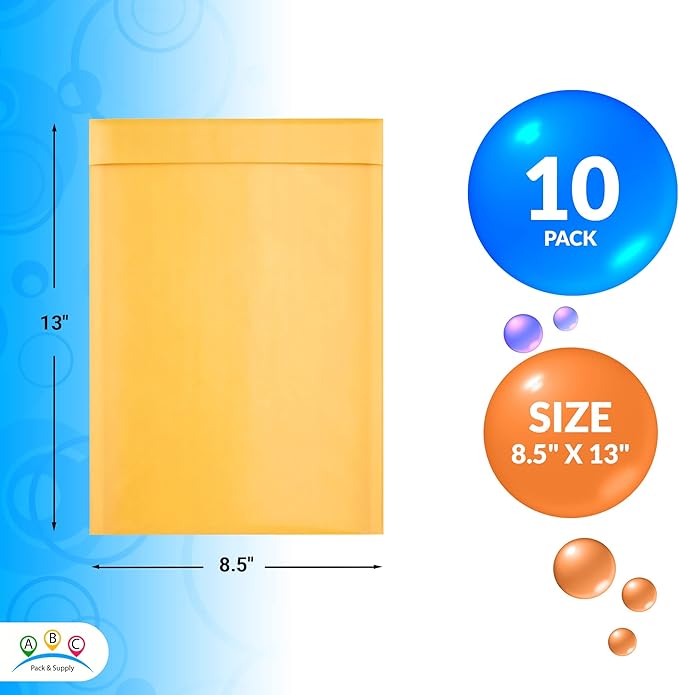 ABC PACK & SUPPLY Yellow Kraft Bubble Mailer Envelopes, 8.5 x 13 Inches. 10 Pack Mail Padded Envelopes Self Seal. Kraft Bubble Mailers. Tear-Resistant Mailing Envelope Padded. Sturdy Paper Mailer