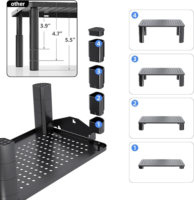 Pholiten Monitor Stand Riser 3 Height Adjustable, Desk Organizer for Monitor with Airflow Vents, Laptop Stand for Desk, Up to 44lbs