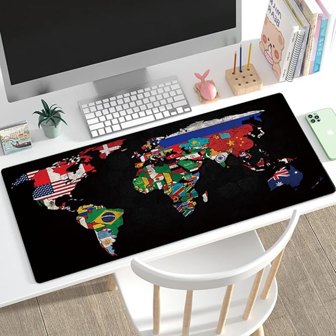 RTGGSEL 31.5x11.8 Inch Non-Slip Long Extended Large Gaming Mouse Pad with Stitched Edges XL Laptops Keyboard Mouse Mat(Black World Flag Map)