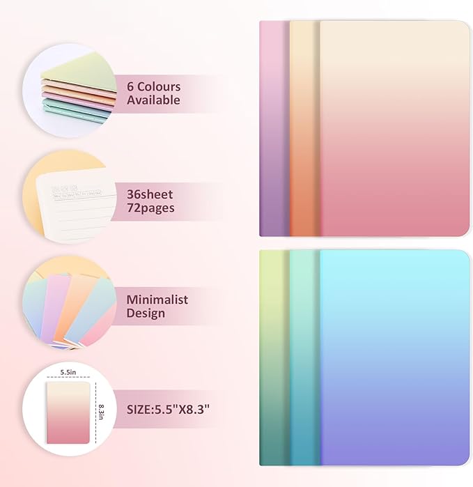 Ddaowanx Kraft Notebooks, Journals in Bulk, Lined Paper, 72 Pages, 36 Sheets, 80GSM, 8.3x5.5 Inch, A5 Size, Travel Writing Notebook for Office School Supplies (Lined-48pack, Gradient)