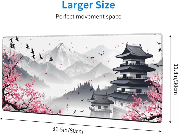 Desk Pad,Office Desk Mat 31.5"×11.8"Large Gaming Mouse Pad,Durable Extended Computer Mouse Pad,Waterproof Thick Big Mouse Pads with Non-Slip Rubber Base Office Home Japanese Castle Cherry