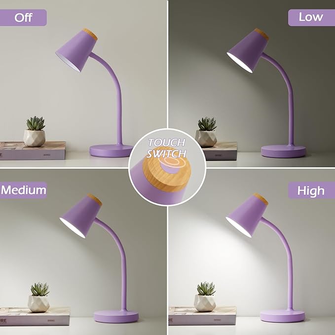 Desk Lamps for Home Office - Small LED Desk Lamp Touch Dimmable Reading Light for College Dorm Room - Adjustable Flexible Gooseneck Table Lamp for Bedside Bedroom Nightstand Purple