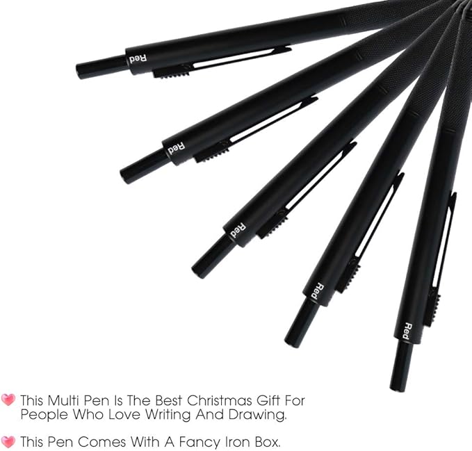 smttw 4 in1 Multi-Function Refillable & Retractable Ballpoint Pen + 0.5mm Mechanical Pencil, Fine Point, Black Metal Barrel, Black/Red/Blue Inks, Multicolor Pen With Metal Gift Box