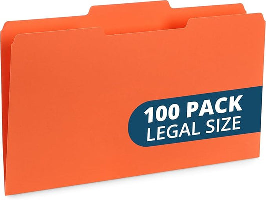 Blue Summit Supplies Orange File Folders, 1/3 Cut Tab, Legal Size, Great for Organizing and Easy File Storage, 100 Per Box