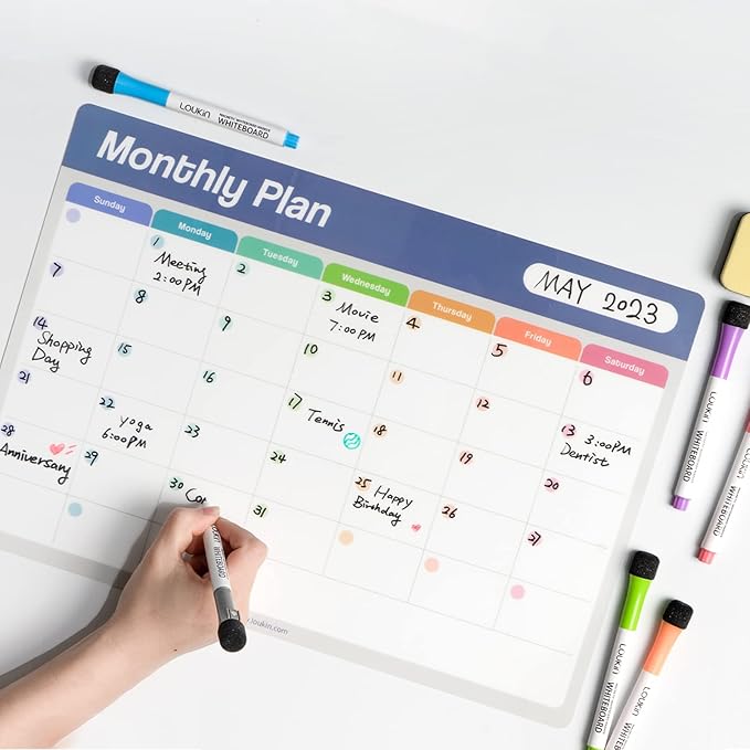 Loukin Dry Erase Calendar 4 Pack(Monthly+Weekly+Checklist+Mini Note), Electrostatic Adsorption Whiteboard Planners, Reusable Schedule for Office, Classroom, Refrigerator, 6Markers & 1Eraser Included