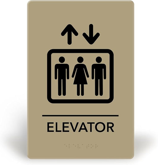Promot Elevator Sign – ADA Braille Elevator Decor for Business, Self-Adhesive, 9" x 6", Commercial Door Signage, Office Wall Decor - Taupe