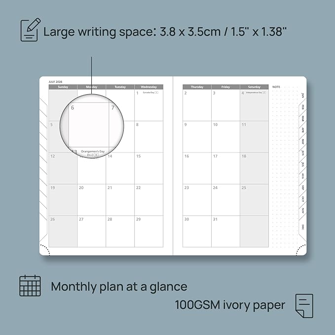 POPRUN Weekly Planner 2026 (Medium 6.5" x 8.5") Calendar 12 Months Notebook with Horizontal Layout, Leather Soft Cover, Monthly Tabs, Inner Pocket, 100GSM Thick Paper, Pen Holder - Lilac