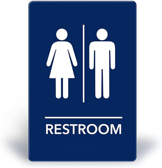 Promot Unisex Bathroom Sign – ADA Braille Restroom Sign for Business, Self-Adhesive, 9" x 6", Commercial Door Signage, Office Wall Decor - Blue
