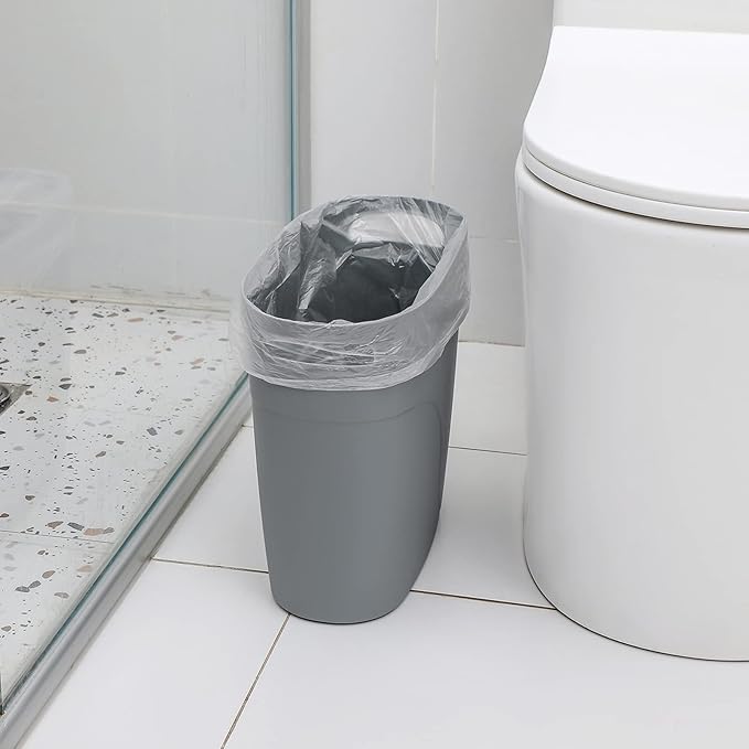 JiatuA Plastic Small Trash Can Slim Waste Basket with Handles 3.2 Gallon Narrow Garbage Container Bin for Bathroom, Bedroom, Kitchen, Home Office Under Desk, Dorm, Laundry Room, Kids Room, Grey