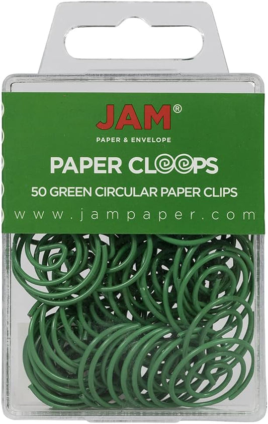 JAM PAPER Circular Paper Clips - Round Paperclips - Green - 50/Pack