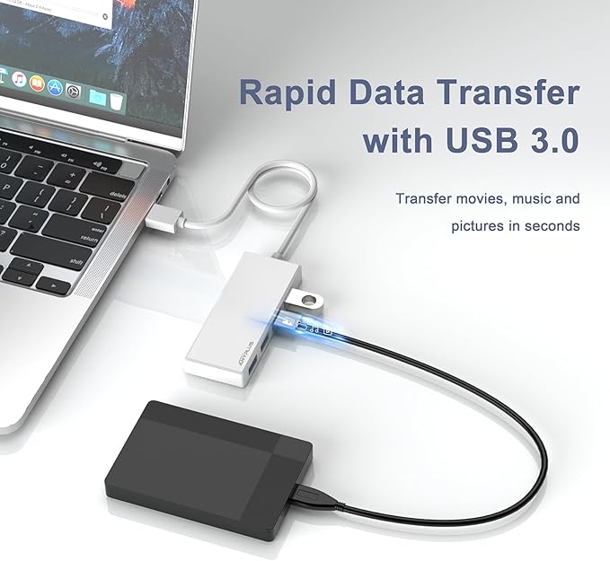 USB 3.0 Hub, Portable Slim USB Hub Adapter, 0.8 ft Multiple USB Splitter, USB Extender for PC, Laptop, iMac, Surface Pro, MacBook, Mac Pro, Flash Drive, XPS, Mouse, HDD【White】