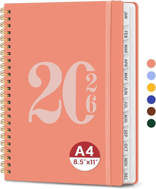 2026 Planner, Weekly and Monthly Calender Planner, Jan 2026 to Dec 2026, Hardcover 2026 Calendar Planner Book with Tabs & Inner Pocket, Office Home School Supplies for Women & Men - A4 (8.5" x 11"), Coral