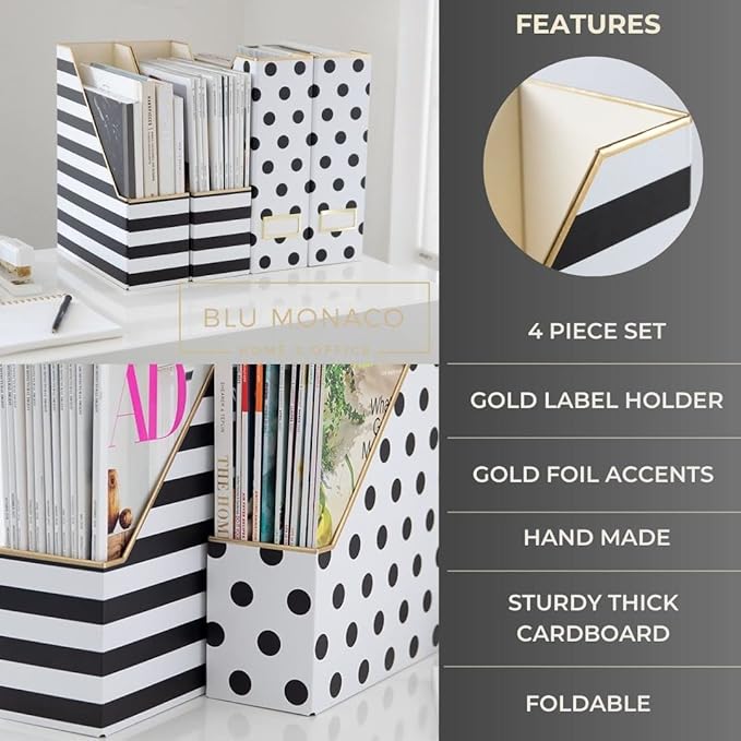 BLU MONACO Set of 4 Stylish Magazine File Boxes - 2 Black and White Stripes and 2 Polka Dots - Office Organization and Storage, Paper Organizer for Desk - Workspace and Classroom Organization