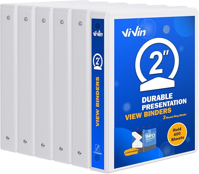 3 Ring Binder 2 Inch, ViVin Sturdy 2"-Round Ring Binder with 2 Interior Pockets, Clear View Cover, PVC-Free, Fits 400 Sheets of 8.5'' x 11'' Paper, Office Home School (6 Pack, White)