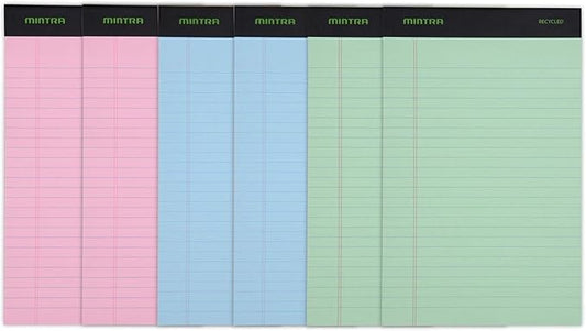 Mintra Office Legal Pads, ((Basic 6pk - (Pastel Set #3), 5in x 8in, Narrow Ruled)) - Includes 2 Blue Writing Pads, 2 Pink Writing Pads and 2 Green Writing Pads