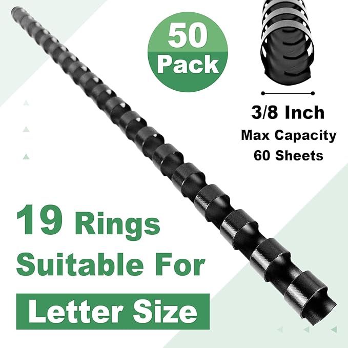 HOUYEE 3/8 Inch Plastic Binding Comb 19 Ring, 60 Sheet Capacity, Letter Size Black Comb Binding Spines (50 Pack)