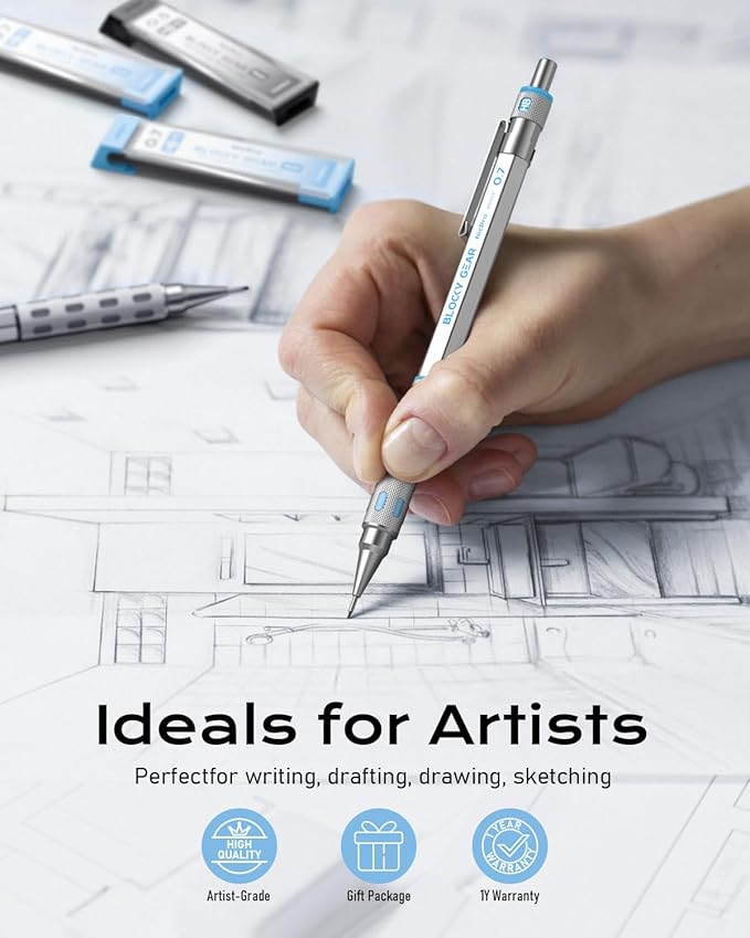 Nicpro Blocky Gear 0.5 mm & 0.7 mm Mechanical Pencils Set in Case, Metal Pencil with 6 Tube Lead Refills, Eraser, Eraser Refills for Professional & Adult Art Writing Drafting Drawing Sketching