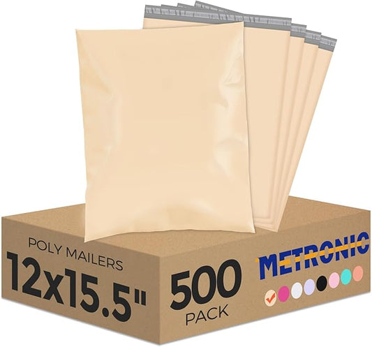 Metronic Poly Mailers 12x15.5 Pastel Beige Brown, 500 Pack, Large Self-Seal Shipping Bags for Clothing, Clothes, Small Business, Packaging Bags, Mailing Bags, Custom Designer Poly Mailers