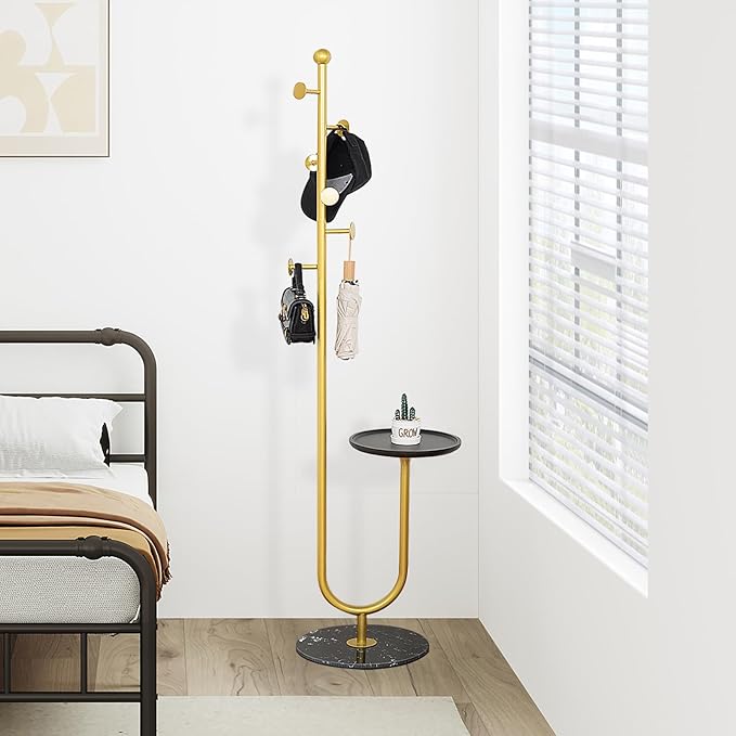 Coat Rack Stand, Metal Coat Tree with Bamboo Tray & 6 Hooks, Heavy Duty Marble Base Corner Coat Stand for Bedroom Hallway Entryway Living Room Office 13.78 x 13.78 x 68.11 Inches (Gold)
