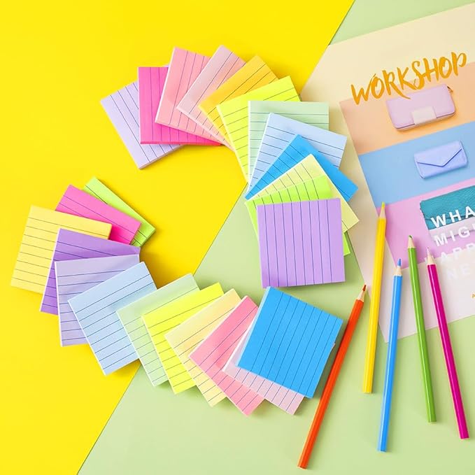 (24 Pads) Lined Sticky Notes 3x3 in Ruled Stickies Super Sticking Power Memo Pads Bright Colors