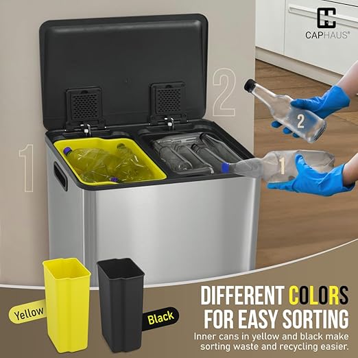 CAPHAUS Dual Trash Can with Lid, Trash and Recycling Bins Combo for Kitchen, Hands-Free Stainless-Steel Garbage Can with 2 Compartment, Hinged Lid, Odor Filter, Handles, 30L+30L, 2 x 8 Gallon