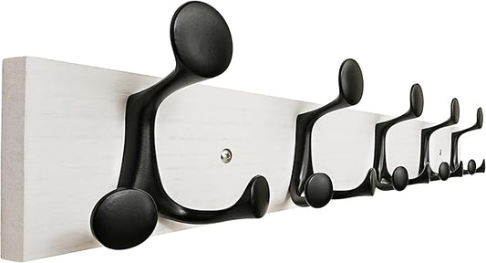 SKOLOO 24-Inch White Wood Coat Rack Wall Mount with 5 Triple Hooks - Ideal for Family Entrances, Classrooms, and Pet Supplies Storage - Perfect Coat Hooks for Wall, Pack of 2
