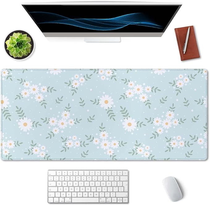 SSOIU Cute Spring Flowers Desk Mat, White Daisy Flower Mat, Extra Large Home Office Cute Accessories, Extended Mouse Pad, XXL Gaming Mouse Pad 35.5" X 15.7"