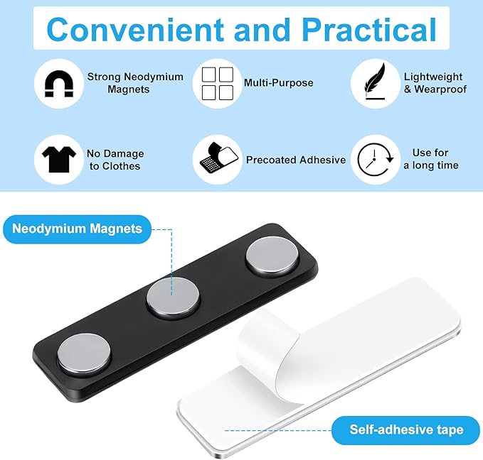 Mtlee 100 Packs Name Tag Magnets Magnetic Name Badge Holders ID Fastener Clip with 3 Neodymium and Adhesive Backing for Uniform Jackets(Black)