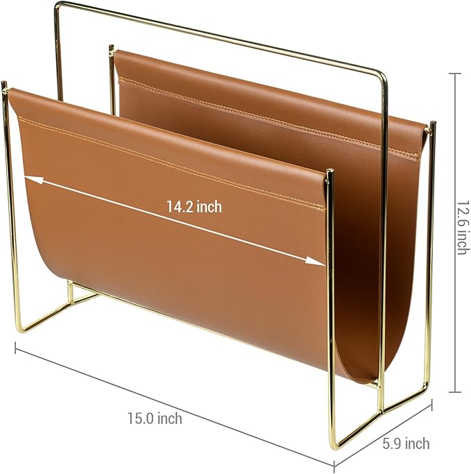 MyGift 15-Inch Modern Brown Leatherette & Brass Plated Metal Magazine Holder – Floor Standing Faux Leather Sling Style Newspaper Rack for Home, Bathroom, Office Decor