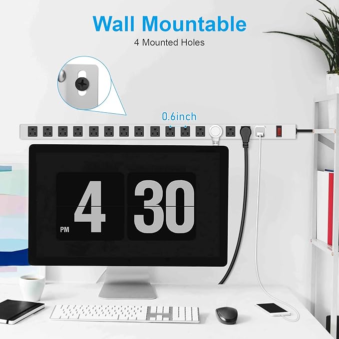 JUNNUJ Metal 16 Outlet Power Strip, Mountable Heavy Duty Power Strip, 1200J Surge Protector Wall Mount Screws Outlet with Switch, Gaming Desk Strips Wide Spaced 15A 125V 1875W, 10 FT 14AWG Power Cord