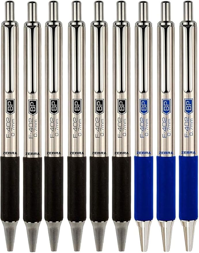 Zebra F-402 Ballpoint Stainless Steel Retractable Pen, Fine Point, 0.7mm, Black/Blue Ink, 9-Count Bundle with Plastic Reusable Pouch