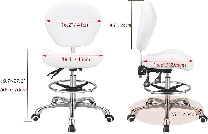 Kaleurrier Adjustable Height Drafting Stool Drafting Chair with Backrest & Foot Rest,Swivel Rolling Stools for Work Studio Dental Office Salon Kitchen Counter Tall Home Desk Chairs (White)