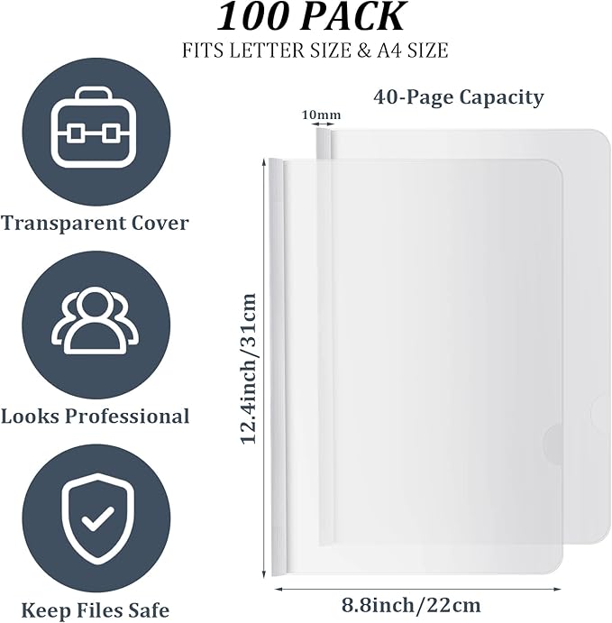 BBTO 100 Pcs Clear Report Covers with Sliding Bar for A4 Paper Resume Covers Presentation Folders File Document Binder for School Business, Letter Size 12 x 8.7 Inches(White)