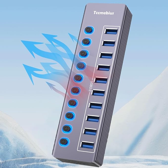 Powered 10-Port USB 3.0 Hub, USB C to 10 Ports USB Data Hub Splitter with Individual LED On/Off Switche, 3.3FT Cable, 12V/3A Power Adapter, for Laptop MacBook Pro/Air PC (Aluminum Gary)