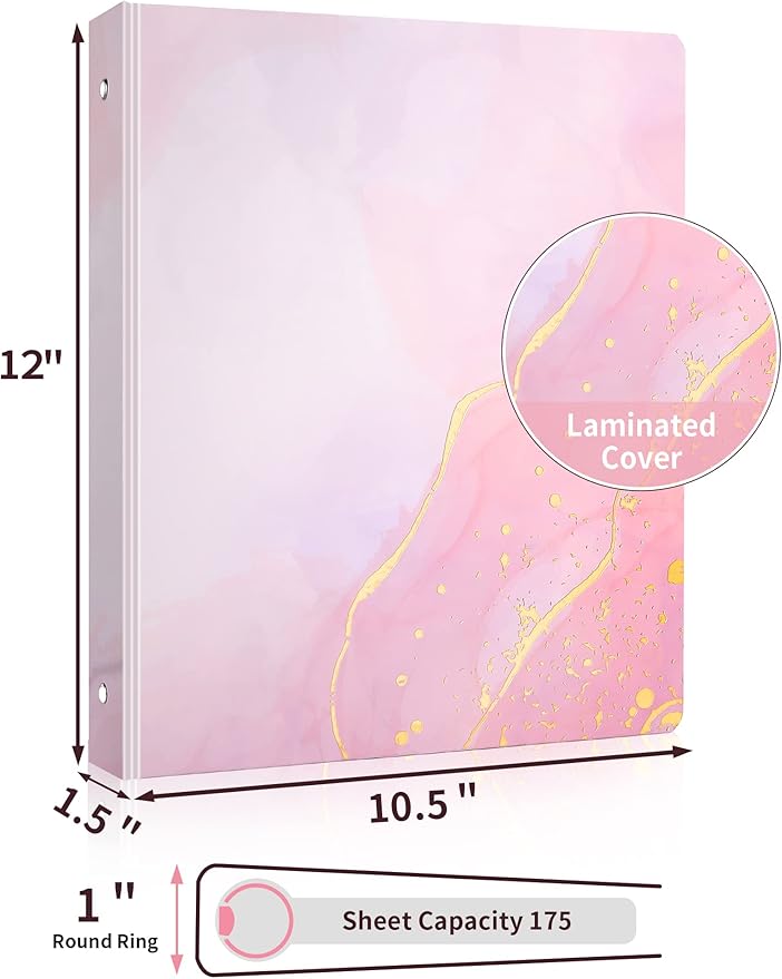 SUNEE 3 Ring Binder 1 Inch Cute Binder with 2 Pockets, Decorative Pink Marble Three Ring Heavy Duty (Fit 8.5x11 Inches) for School Supplies, Office Supplies