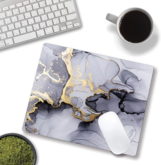 Mouse Pad, Cute Personalized Mouse Pads with Marble Design, Square Washable Cloth Mouse Mat, Gaming Office Home Non-Slip Rubber Base Computer Mousepad, Black Grey Gold Marble