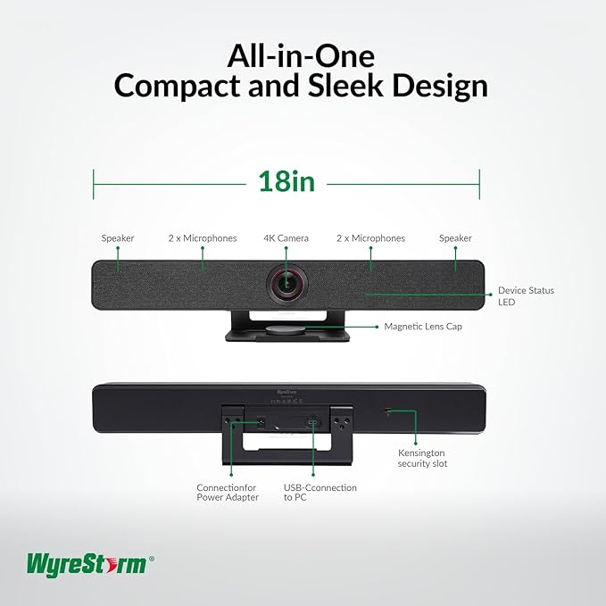 WYRESTORM 4K Conference Room Camera with AI Auto Framing, Presenter & Speaker Tracking, 120° Wide-Angle Webcam, 5X Digital Zoom, 4-Mic Array & 2 Speakers, Work with Meet, Teams, Zoom