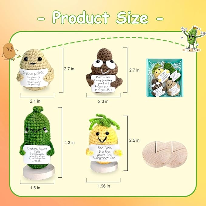 4PCs Emotional Support Crochet Set | Positive Potato, Emotional Support Pickle, Positive Poo, Pineapple | Emotional Support Coworker, Cool Things for The Office, Funny Office Decor, Cheer Up Stuff