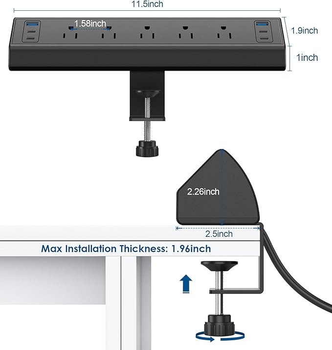 Jgstkcity Desk Clamp Power Strip USB C,40W Total Fast Charging Station,4 PD 20W USB C Ports,Desk Edge Mount Surge Protector,5 Outlets,Fit 1.96" Tabletop Edge,ETL Listed