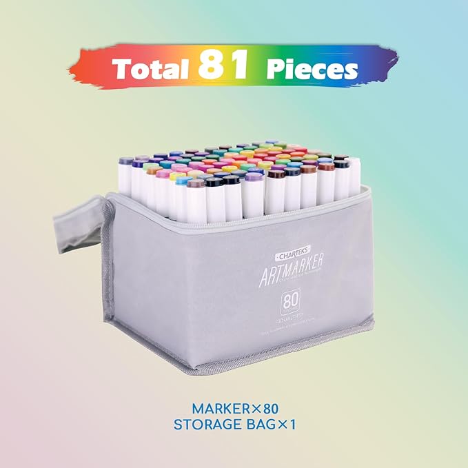 CHARTEKS 80 Colors Art Markers, Dual Tips Drawing Markers Set for Kids & Adults, No Bleed Through Coloring Marker Pens for Sketching, Bullet Journaling, Beginner Artist Supplies (Water-Based)