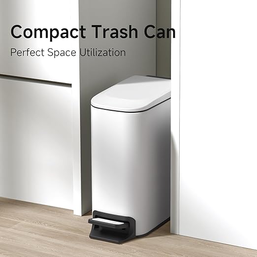 TIPGO Slim Bathroom Trash Can with Lid Soft Close, Step Pedal, 6 Liter / 1.6 Gallon Stainless Steel Trash Bin, Small Garbage Cans for Bedroom, Office, Kitchen (White)